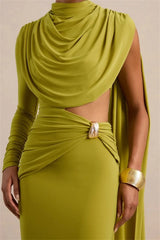 High Neck One Long Sleeve Draped Cutout Waist Maxi Dress