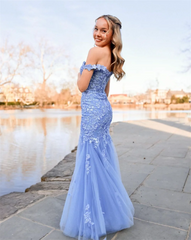  Blue Embroidery Prom Dresses Tulle Mermaid Formal Evening Dresses