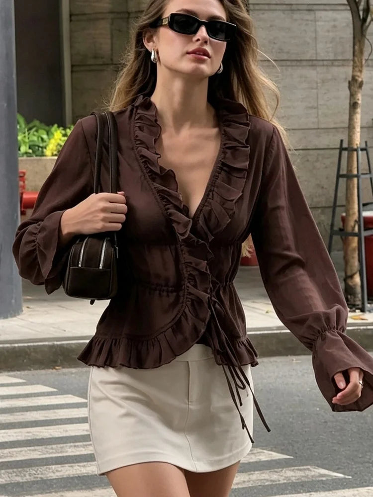 Model wearing Ruffle V-Neck Long Sleeve Chiffon Blouse