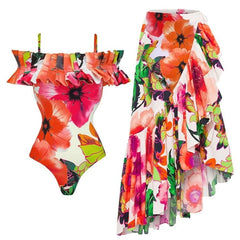 Tie-Strap V-Neck One-Piece Swimsuit with Matching Sarong Set