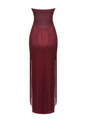Burgundy Strapless Fringed Maxi Dress