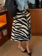 Zebra Print Faux Fur Midi Skirt