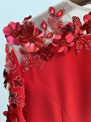 Three-Dimensional Flower Mesh Sleeve Maxi Dress