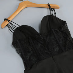 Black Lace Corset Ruched Slit Mesh Trumpet Dress