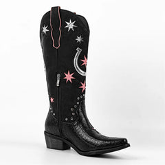 Black cowboy boot with star and horseshoe designs on a white background