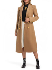 Woman wearing a long beige coat with gold buttons