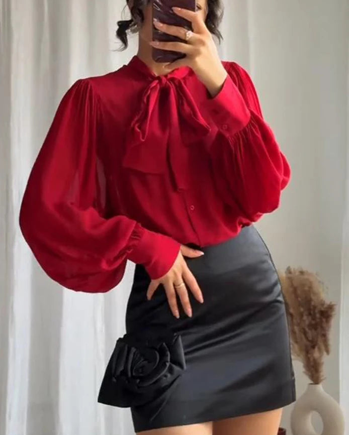 Red Solid O-Neck Bow Button Long Sleeve Blouse