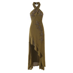 Floral beaded halter neck midi dress front view