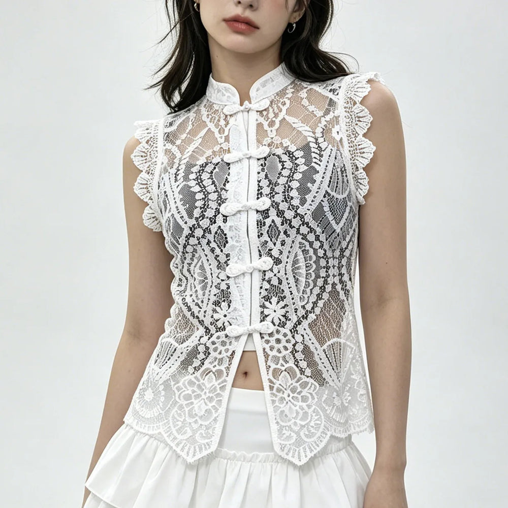 Floral lace sleeveless top with mandarin collar and frog buttons