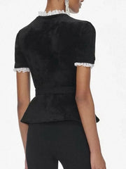 Black peplum top with white lace trim 