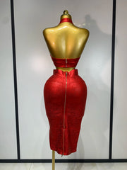 Metallic knit halter neck crop top and high-waisted midi skirt two-piece set, back view showing zipper closure.