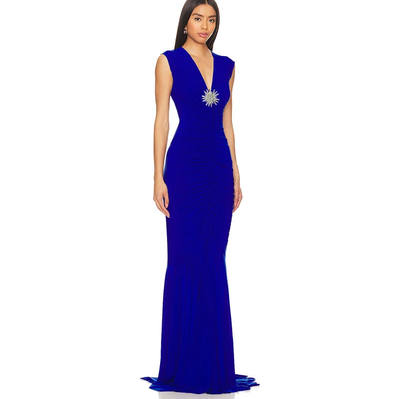 V-neck decorative diamond mermaid dress front view