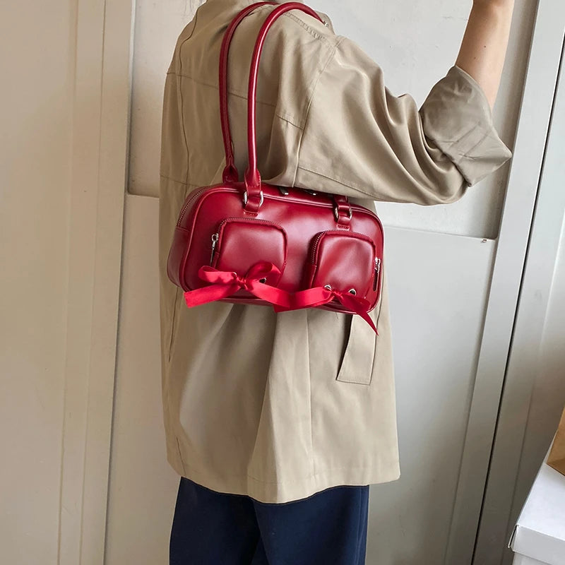 Bow design small double pockets underarm bag for women