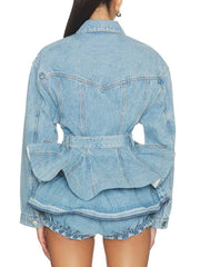 Denim peplum jacket with belt and ruched shorts, back view