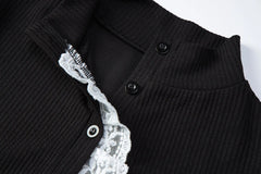 Ribbed Lace Trim Mock Neck Top