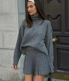 Grey Long Sleeve High Neck Knitted Pullover And Pleated Mini Skirt