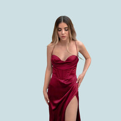 Satin Sling Sleeveless Solid Color Open Back Slit Maxi Dress