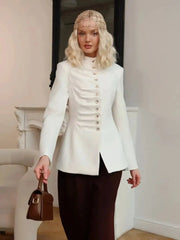 Ruched Pleated Buttoned Mandarin Collar Blazer