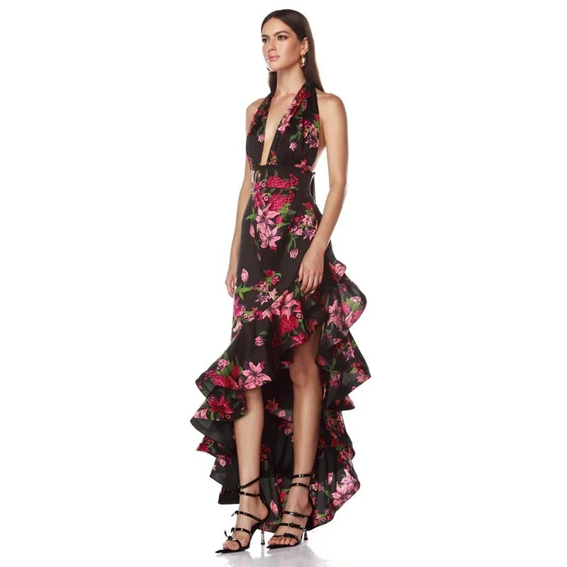 Floral halter neck asymmetrical ruffle maxi dress - side view