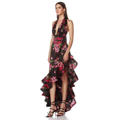 Floral halter neck asymmetrical ruffle maxi dress - side view