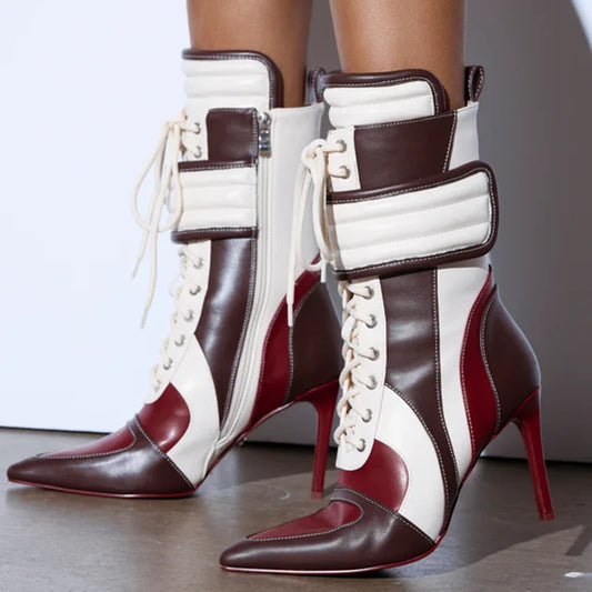 Patchwork high heel ankle boots in brown, burgundy, and white.