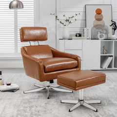 Golden Atelier PU leather swivel armchair with a comfortable design and a matching ottoman. The chair swivels and the ottoman provides leg rest. The set is displayed in a living room setting. 1