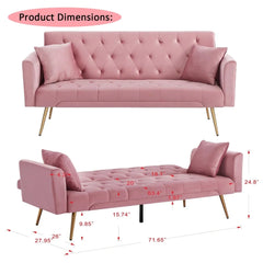 Pink sofa with dimensions marked on a white background