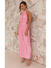 Folds Halter Solid Pink Off Shoulder Maxi Dress