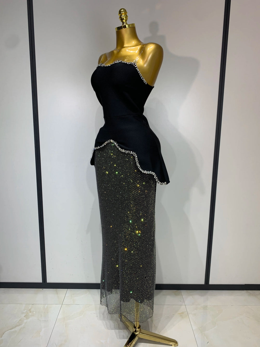 Black rhinestone corset top & sequin skirt.

