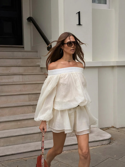 Off-shoulder lantern sleeve mini dress