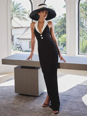 Black contrast V neck button bandage maxi dress.

