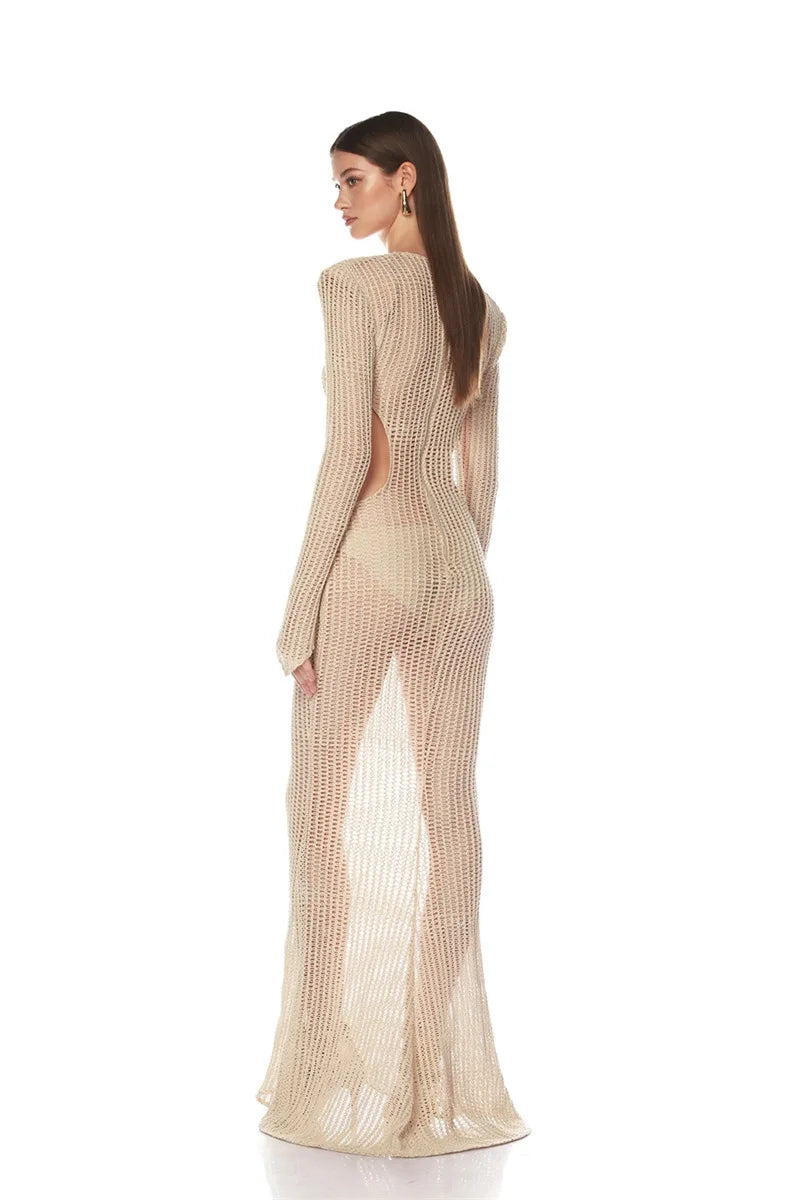 Back view of knit maxi dress with side cut-outs
