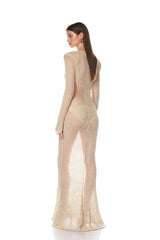 Back view of knit maxi dress with side cut-outs
