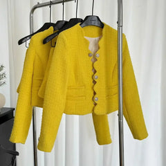 Yellow Tweed Long Sleeve Woolen Coat