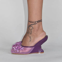 Embellished Mesh Wedge Mule Shoes