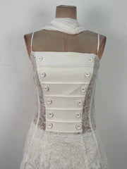 White Satin Lace Patchwork Slit Maxi Dress
