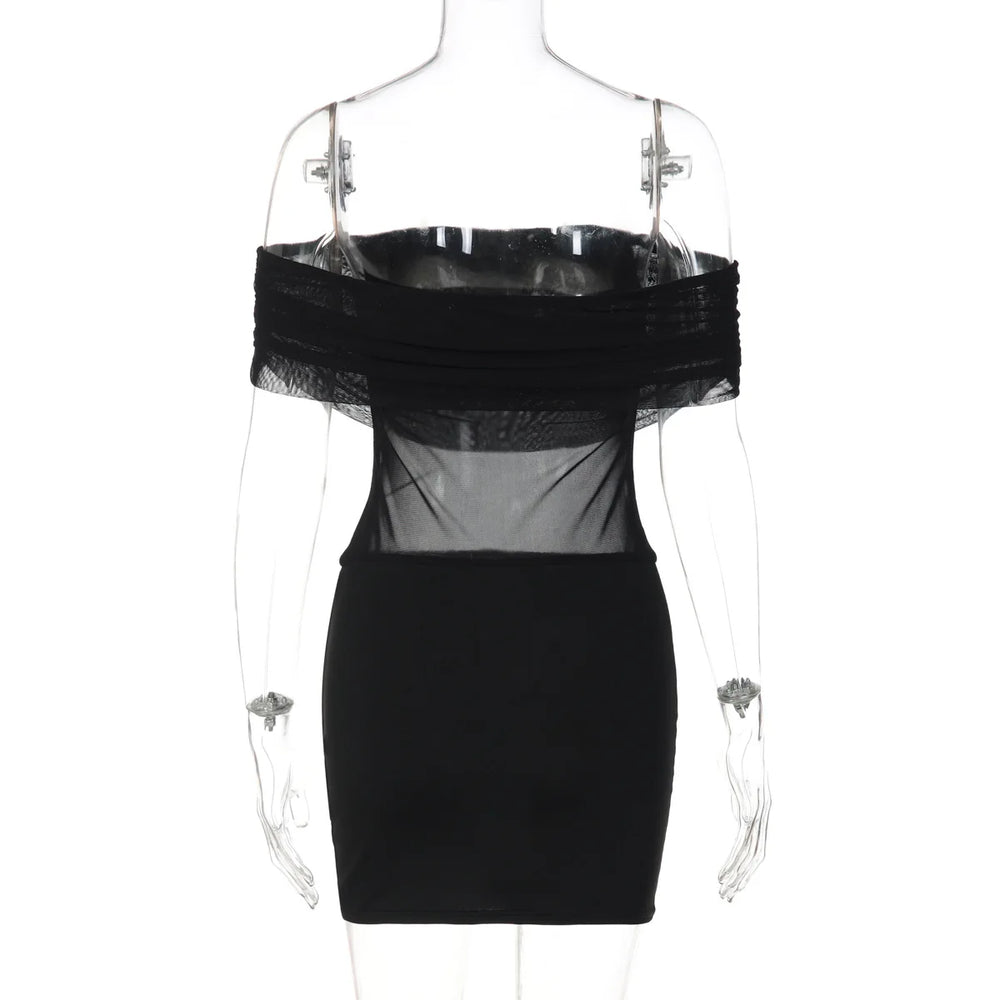 Black off-shoulder dress with sheer overlay on a mannequin against a white background