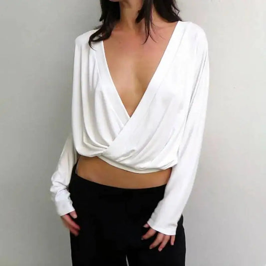 Deep V-neck Draped Crop Top in white