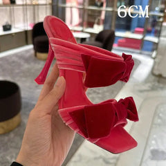 Pink Velvet Bow Stiletto Mules