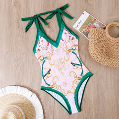 Tie-Strap V-Neck One-Piece Swimsuit with Matching Sarong Set