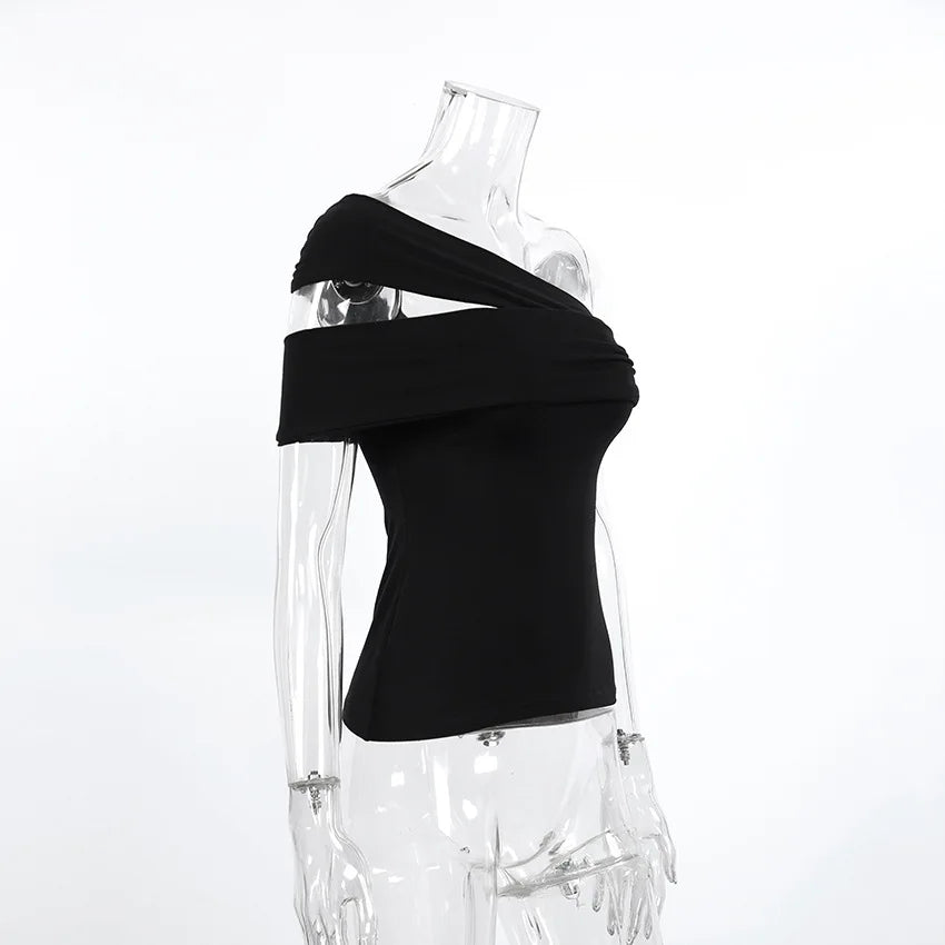 Black one-shoulder top on a transparent mannequin against a white background