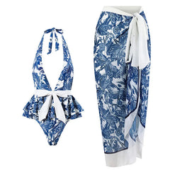 Bustier One-Piece Swimsuit and Wrap Skirt Set