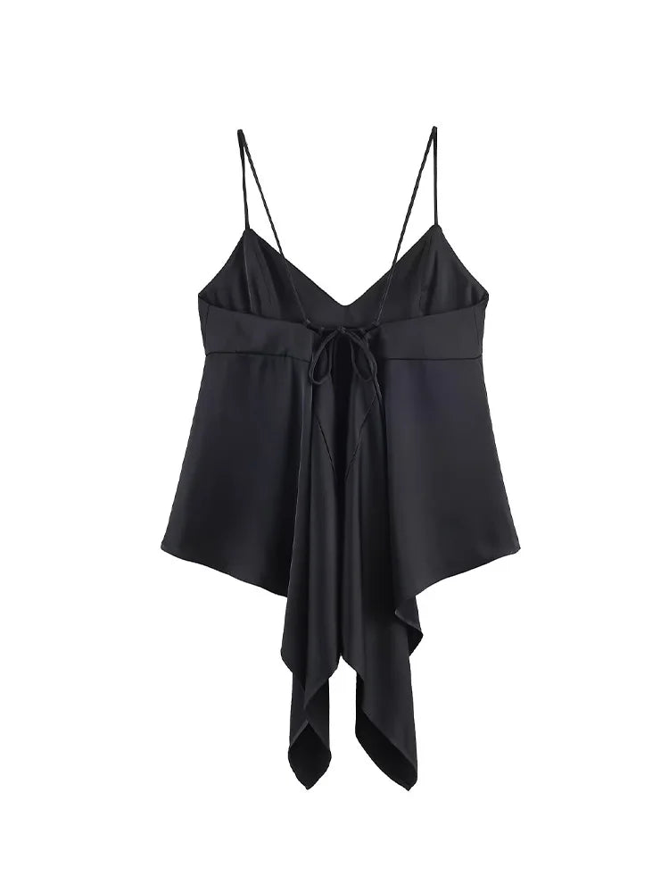 Black spaghetti strap top with a tie detail on a white background