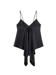 Black spaghetti strap top with a tie detail on a white background