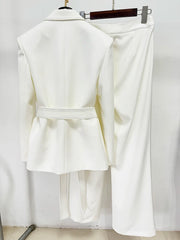 Contrast Stitching Belted Blazer and Wide-Leg Pants Suit