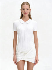 White collared zipper romper with ruched skirt