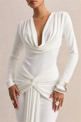 Draped Cowl Neck Long Sleeve Maxi Dress