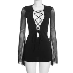 Bell Sleeve Lace Up Mesh Deep Neck Mini Dress