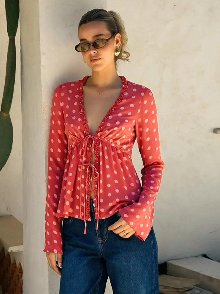 Polka dot v-neck tie front top side view