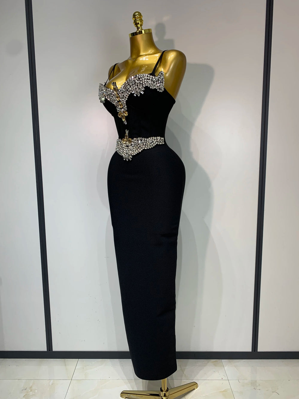 Black Strapless V-Neck Crystal Embellished Body-Con Maxi Dress Side View